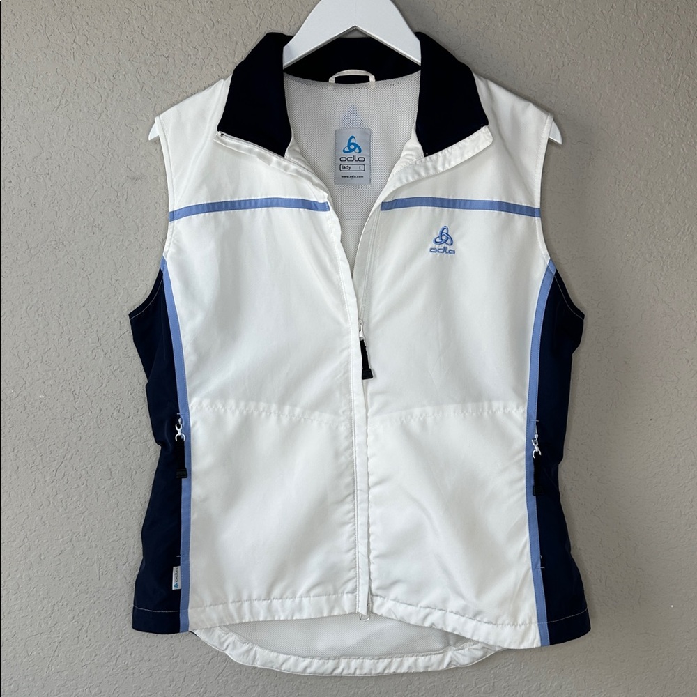 Odlo Women's Full Zip Lightweight Athletic Vest Size Large White Blue Sleeveless